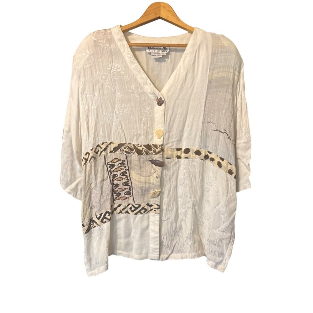 Womens Marcia & Me & Co Beaded Blouse Cream Boho Lagenlook Large Vintage Buttons